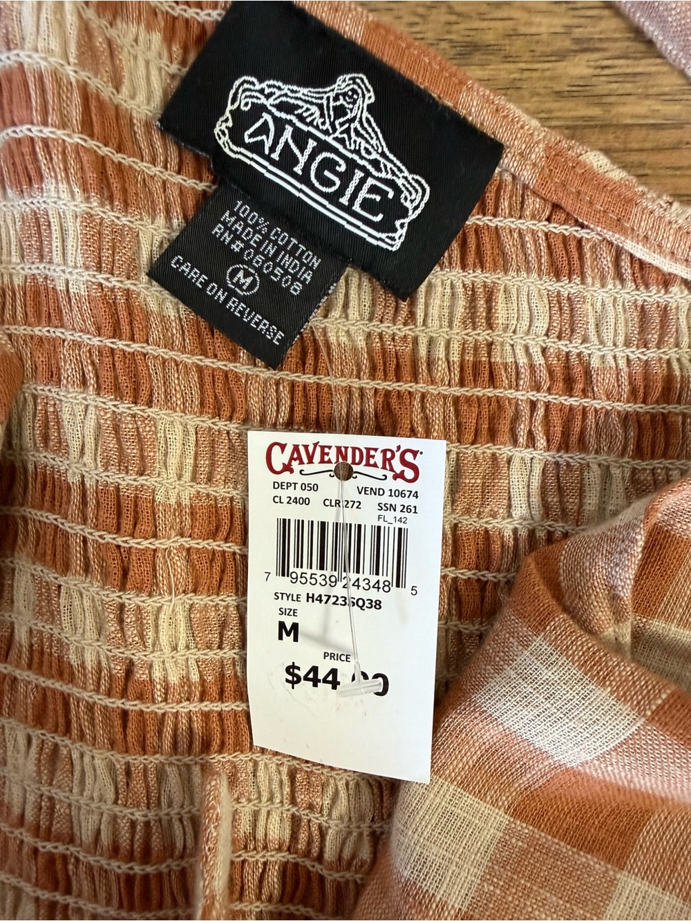 ANGIE  Rust and Cream Plaid Maxi Dress with Front Tie V-Neck Button Cotton M. - Picture 13 of 13
